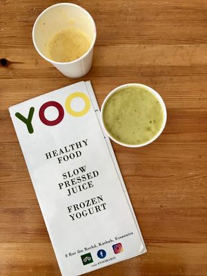 Menu and our juice at Yoo in Essaouira