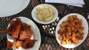 carrot bacon, scrambled tofu, and home fries at Bean Vegan Cuisine in Asheville