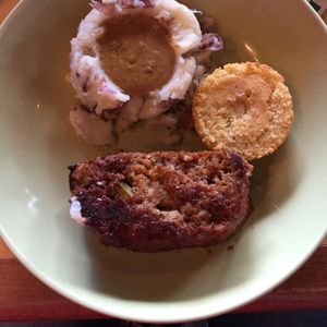 Meatloaf, mashed potatoes, cornbread at Bean Vegan Cuisine in Asheville