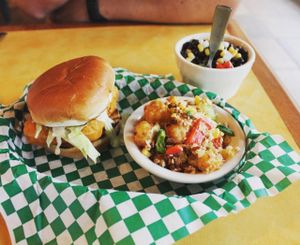 Fishless sandwich and hash brown casserole. Both AMAZING at Bean Vegan Cuisine in Asheville