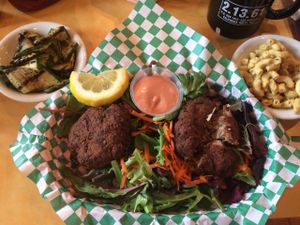 Crab cakes with 2 sides : mac'n'cheese and grilled zucchini  at Bean Vegan Cuisine in Asheville