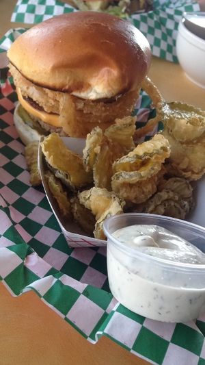 Cowboy burger with fried pickles at Bean Vegan Cuisine in Asheville