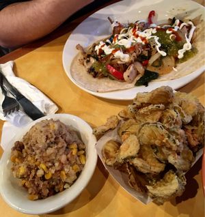 Jackfruit tacos with fried pickles and tatortot casserole at Bean Vegan Cuisine in Asheville