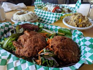 Crabbie pattie platter (comes with 2 sides) at Bean Vegan Cuisine in Asheville