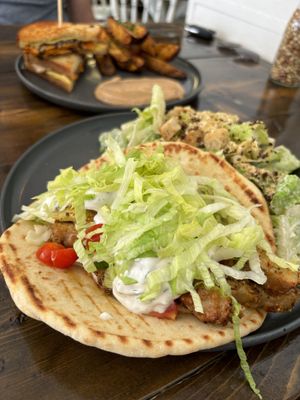 amazing souvlaki. The house made tzatziki was perfect. Ordered with Caesar salad.   at Shine Plant Based Kitchen in Orillia