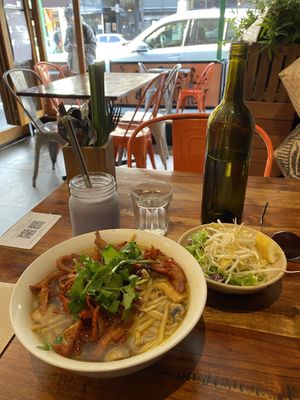 Bamboo Noodle Soup (crispy duck, tofu, noodles, mushrooms) with a Taro Frappé  at Fina's 2 in Fitzroy