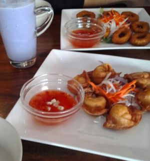 Wantons entree and vegan calamari special (taro frappe in background) at Fina's 2 in Fitzroy