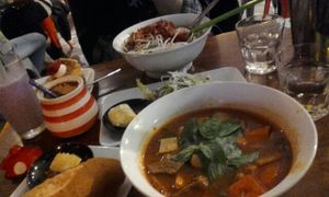 bamboo soup, 'beef' stew, taro frappe and new york cheesecake at Fina's 2 in Fitzroy