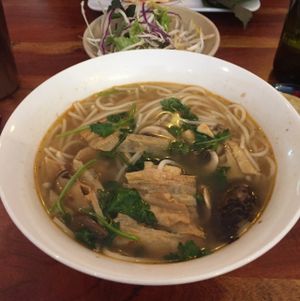 This was the Vietnamese Spicy Noodle Soup. It came with a side dish of cabbage, bean sprouts, chilli and lemon wedge.  at Fina's 2 in Fitzroy