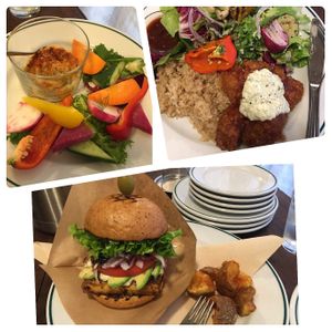 Hummus plate, chicken nam ban plate and a tofu teriyaki burger. All absolutely delicious  at Cori in Tokyo