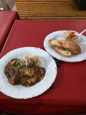 Mapo Tufu w Rice plus Hommus and bread plate. super tasty all of it!!!  at Cori in Tokyo