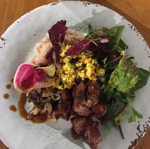 Vegan plate: brown rice, salad, mushrooms, scrambled tofu at Cori in Tokyo