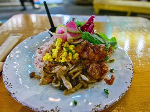 My food choice for the evening. Had some rice, tofu scramble, mushrooms and pickles. at Cori in Tokyo