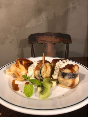 Beer batter veggie and tofu fritters at Cori in Tokyo