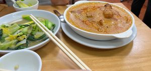 Spicy African curry, and green vegetables at Sunflower Vegetarian - Gira-sol in Macau