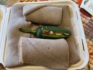 Gluten-free injera with a refreshing stuffed jalapeno  at Cafe Dareye in Oakland