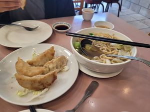 Pot stickers and dumpling noodle soup, wow! at Veggie Lee in Hayward