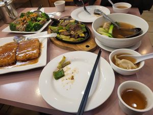 Won ton soup, sizzling mushroom beef, soy sauce fried tofu, thai fish at Veggie Lee in Hayward