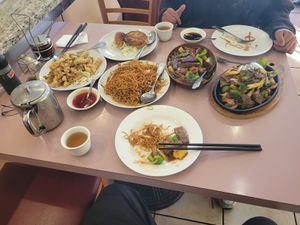 Salt and pepper mushrooms w sweet sauce, pot stickers, soy sauce cow mein, satay eggplant, sizzling beef and mushrooms at Veggie Lee in Hayward