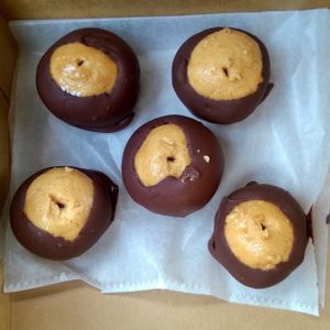 I called ahead and asked if they had anything vegan and they made these vegan buckeye balls! Just for me... I think they were made, but not yet dipped, but still... I appreciated it greatly! at Buttermilk Bake Shop in Petersburg
