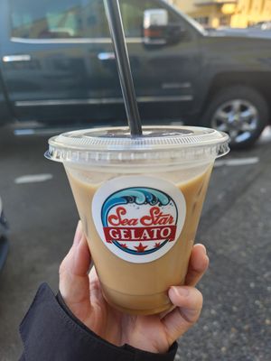 Iced latte with almond milk at Sea Star Gelato in Seaside