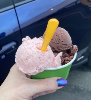 Pineapple Strawberry (“Lava Flow”) and Dark Chocolate   at Sea Star Gelato in Seaside