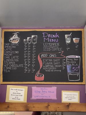 Drink menu  at Village Bakery and Deli in Haines Junction