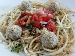 zucchini pasta with apricot meatballs at Vege Bistro - Polish Vegan Food in Warsaw