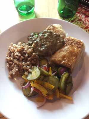 soybean cutlet with grains and mushroom sauce at Vege Bistro - Polish Vegan Food in Warsaw