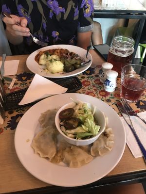 Potato cheese dumplings & Gulasch  at Vege Bistro - Polish Vegan Food in Warsaw