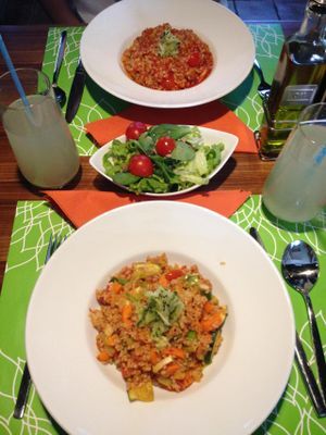 Colourful risotto and risotto carbonara. With a small salad and two fresh lemonades on the side! (: at Nyama in Ljubljana
