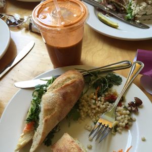 Bahn Mi sandwich with tofu, pearl cous cous Mediterranean salad & Sunrise Trail fresh juice! at Flexit Cafe and Bakery in Ellsworth