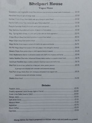 Vegan menu as of 18/2/2023 at Bhel Puri House in Reading