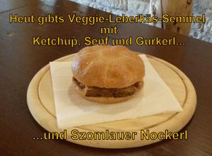 Traditional Austrian Food 'Leberkäs-Semmel' with Mustard, Ketchup and pickles at Hof-Sonnenweide in Weppersdorf