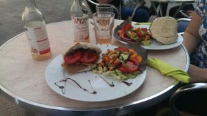 seitan burger w/ salad at Veg at Table in Luebeck