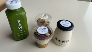 Dale kale juice, protein bites, carawmel peanut parfait & coconut yogurt   at Raw Co. Juicery and Food in Escazu