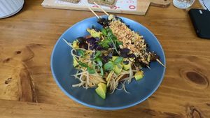 Green Papaya Salad with Mushrooms  skewers   at Raw Co. Juicery and Food in Escazu