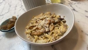 Rice fettuccini con los tostaditos de hongo  at Raw Co. Juicery and Food in Escazu