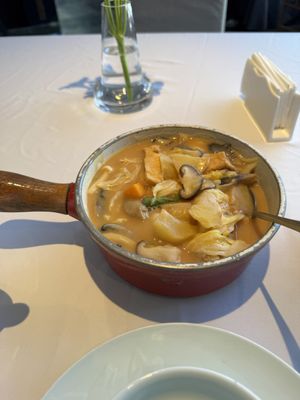 Delicious soup with tofu, mushrooms and other vegetables   at Huā Kāi SùShí 花开素食 - Dongcheng in Beijing