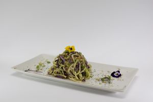 Zucchini pasta with pesto. Raw vegan, delicious, healthy, organic and cheap!  at Botanique in Madrid