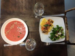 Delicious Spanish 'Gazpacho' and a Corn 'steak' with organic salad. Healthy, vegan, CHEAP and organic. at Botanique in Madrid