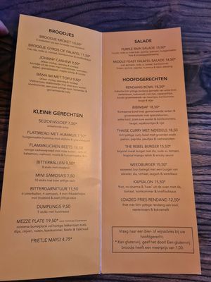 Menu at Rebel Rebel in Dordrecht