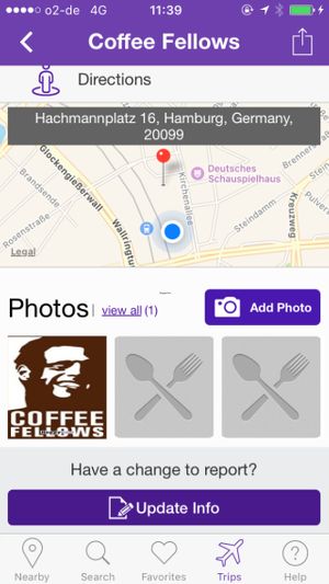 The blue circle shows where Coffee Fellows actually is (I was inside it when I took this screenshot). :) at Coffee Fellows in Hamburg