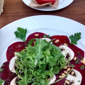 Beet carpaccio and bean pastry  at Gutenberger - Das Vegane Weinlokal in Mainz