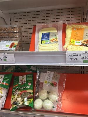 Selection of vegan cheeses at one stand at BioBazar in Warsaw