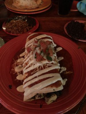 Vegan burrito with tofu and side of rice and beans  at Mexican Radio in Schenectady