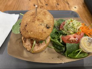Bbq jackfruit burger with salad at Plant Theory in Miami