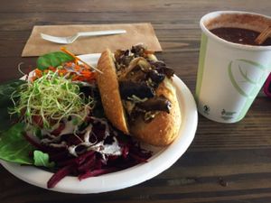 Daily Special Black bean soup & Philly Steak (mushroom!) sandwich (organic, gluten free) at Plant Theory in Miami