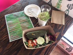 amazing raw mamma mia wrap and raw cold soup  at Plant Theory in Miami