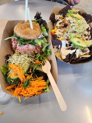 Pulled jackfruit BBQ guava sandwich and nachos at Plant Theory in Miami